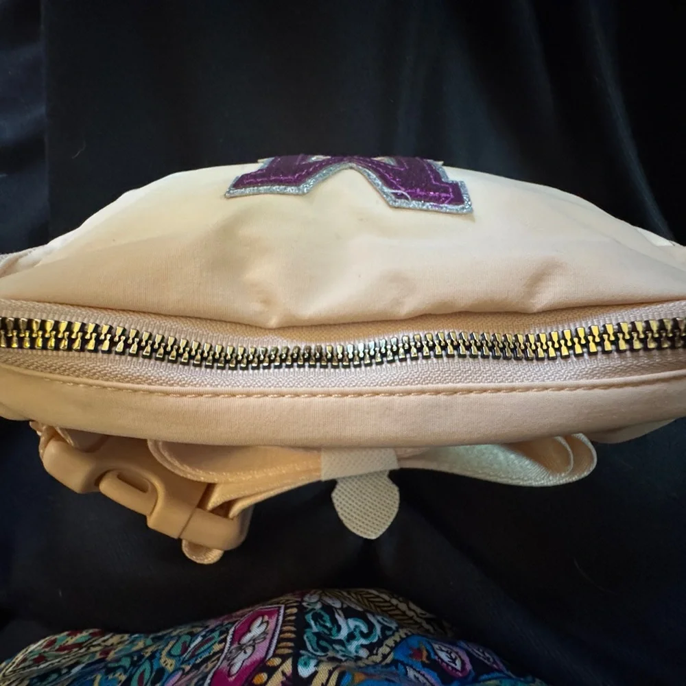 NEW PINK Peach Waist Fanny Shoulder Pack Bag MONOGRAM “M” with Purple Glitter